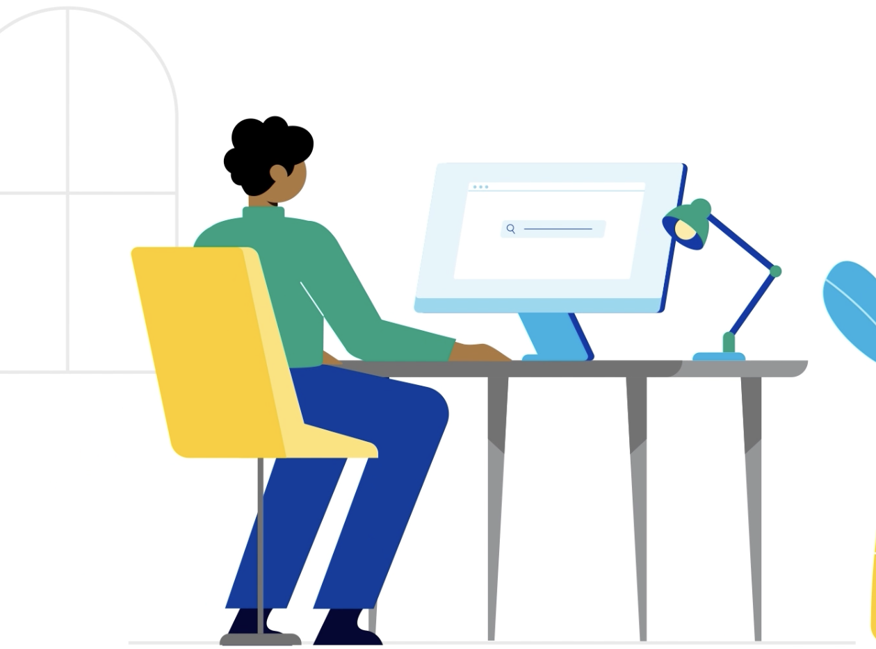 an illustration of a person sitting at a desk with a laptop.