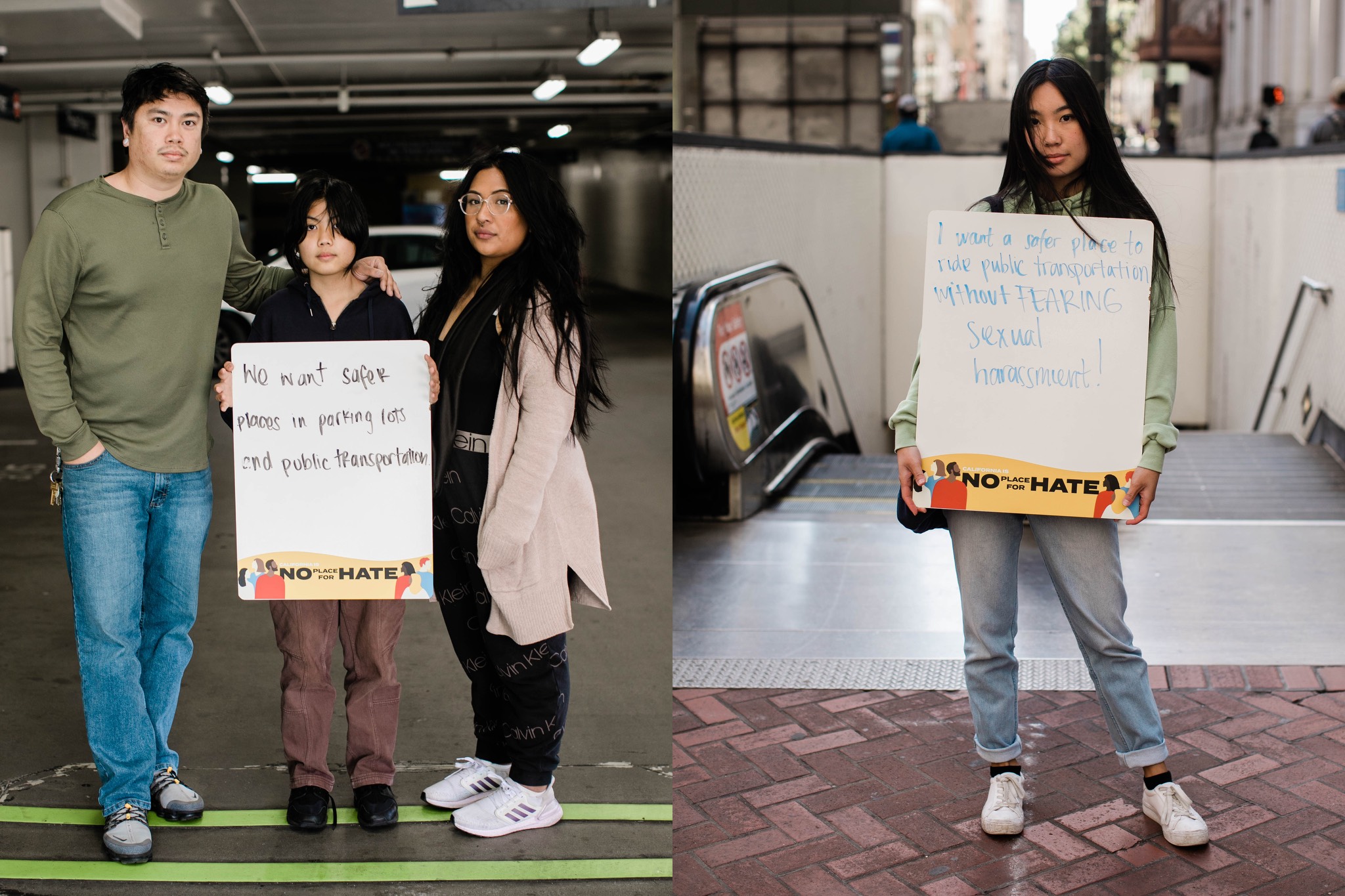 a group of people holding signs in front of a building.