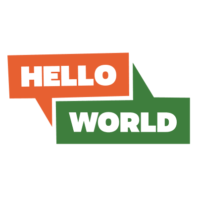 hello world logo with orange and green speech bubbles.