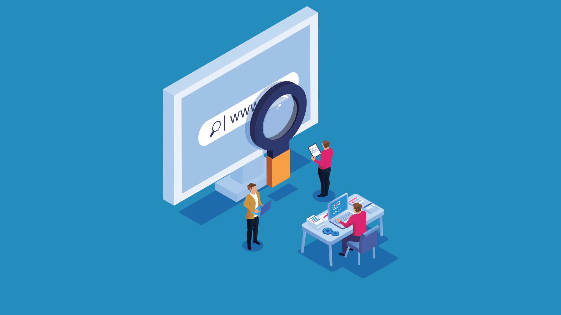 isometric illustration of people looking at a magnifying glass.