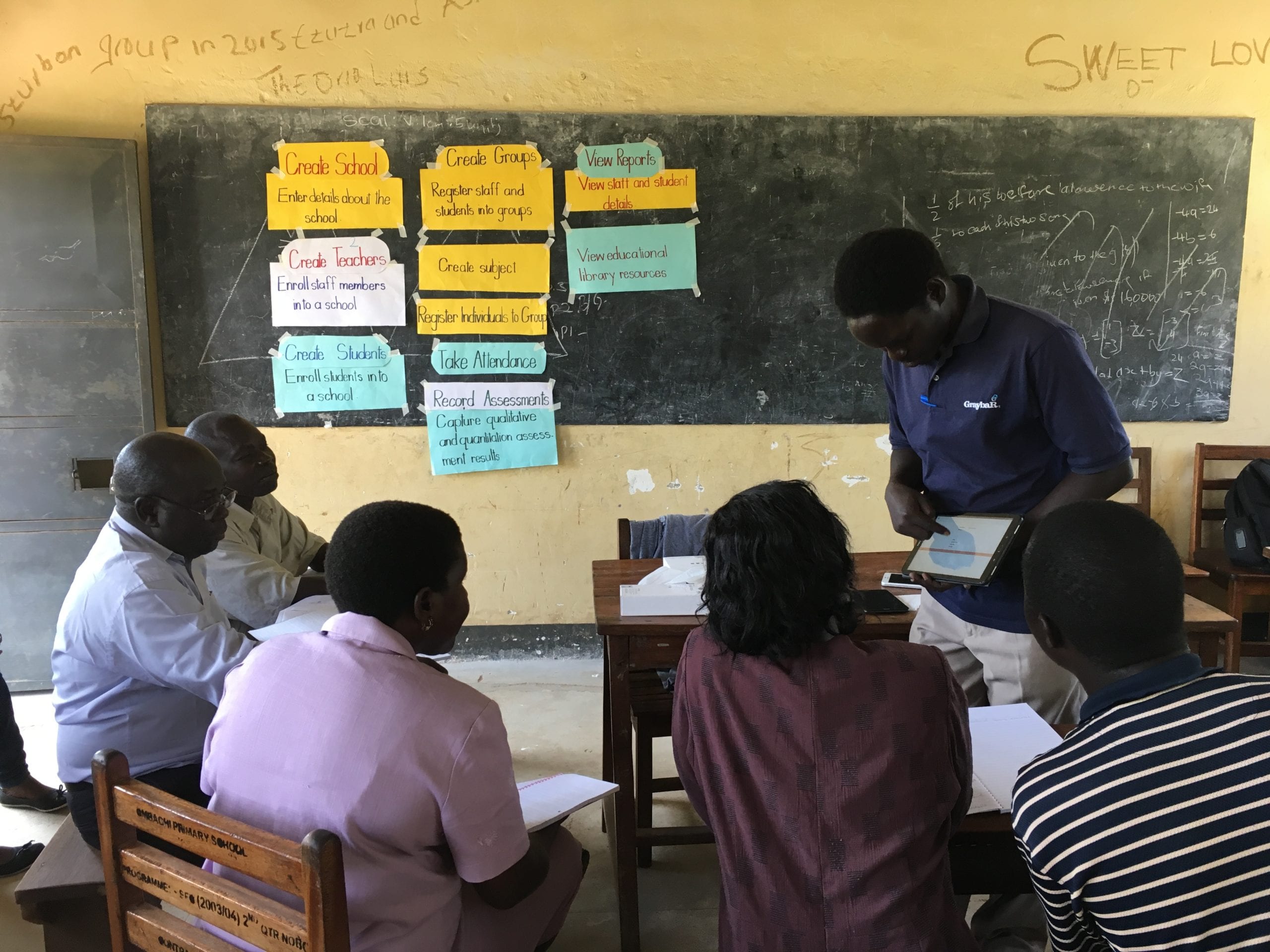 a group of people sitting at a table in front of a blackboard.