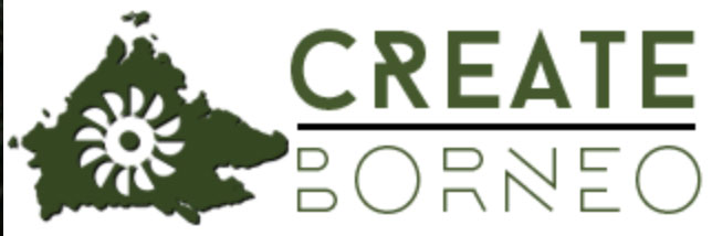 Logo for "Create Borneo" featuring a green silhouette of Borneo with a stylized flower pattern, next to the text "CREATE BORNEO" in green and black.