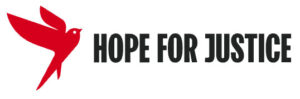 Logo of "Hope for Justice" featuring a red bird in flight on the left and the organization's name in black text on the right.