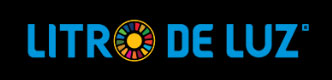 Logo of "Litro de Luz" featuring the text in blue with a circular, colorful design resembling a stained-glass window in place of the letter "O" in "Litro." The background is black.