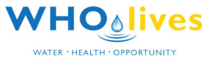 Logo of WHO Lives, featuring the text "Water Health Opportunity" with a water droplet in place of the "o" in "lives.