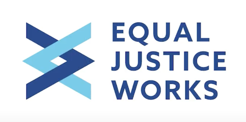 Logo of Equal Justice Works featuring two interlocking blue chevrons on the left and the organization's name in blue text on the right.